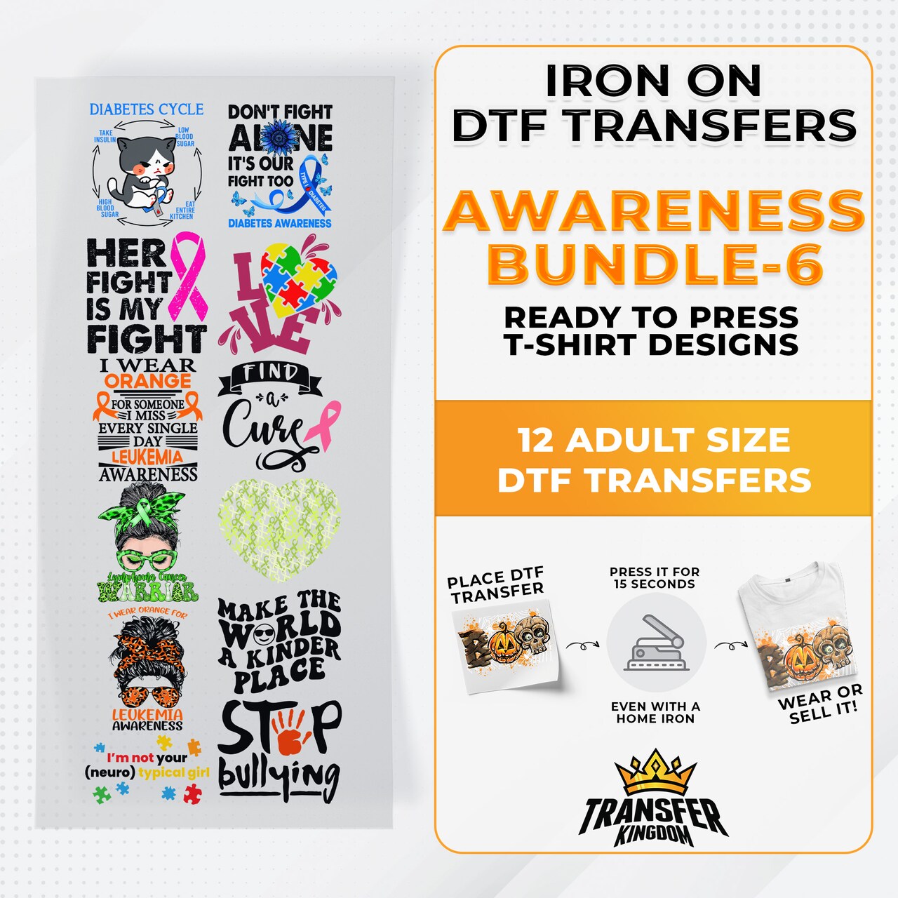 Iron on DTF Transfer Awareness Month Bundle 6 - 12 Best Seller T-shirt Designs Ready To Press